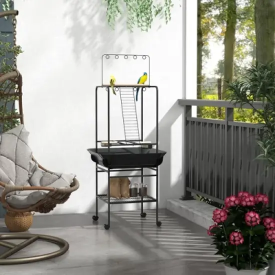 PawHut Bird Stand with Wheels, Perches, Stainless Steel Feed Bowls, Pull-Out Tray, Toy Hanger for Indoor Outdoor Small Parrot, Dark Gray image {2}