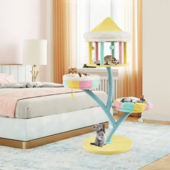 Costway Multi-Layer Cat Tree Cat Tower with Open Condo 2 Removable Perches Dangling Balls image {3}