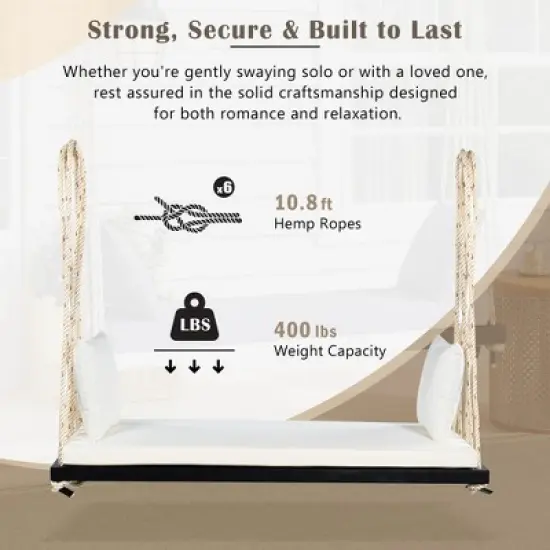 63" Acacia Wood Hanging Patio Swing Chair with Cushions & 10.8ft Hemp Ropes, Porch Swing Bench, 400 lbs Capacity image {4}