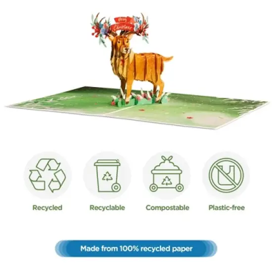 Paper Love 3D Christmas Reindeer Pop Up Christmas Card, 100% Recycled and Eco-Friendly, 8" x 6" Cover - With Note Tag image {4}