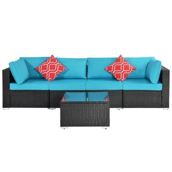 5pc Wicker Patio Sectional Seating Set with Cushions - Espresso/Blue - GODEER image {2}