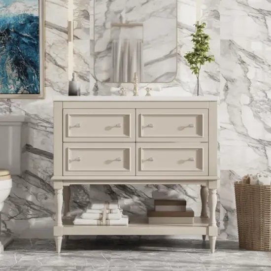 SpassWay 36"L White Bathroom Vanity with Ceramic Sink and 4 Drawers image {1}