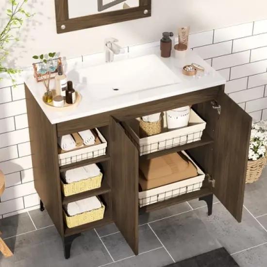 HYLEORY 36" Bathroom Vanity with Basin, Bathroom Storage Cabinet with Two Doors and open shelf, Solid Frame image {2}