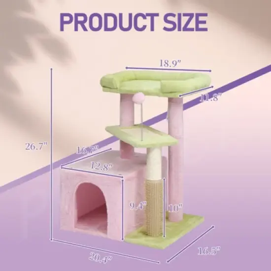 Angel Sar 27.5'' Cat Tree with Condo & Scratching Post, Multi-Level Cat Tower with Pad, Padded Bed for Kittens and Indoor Cats, Pink image {2}