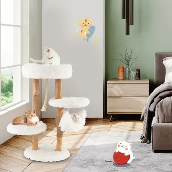 Tangkula 34" Tall Wooden Cat Tree Solid Wood Cat Tower with Jute Scratching Posts image {9}