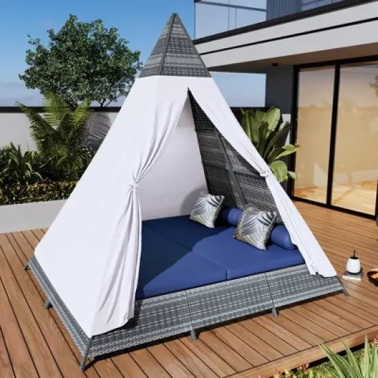 ELJGET Outdoor Sunbed with Colorful Pillows, 90.5" Tent Shape Wicker Patio Daybed with Cushions image {12}