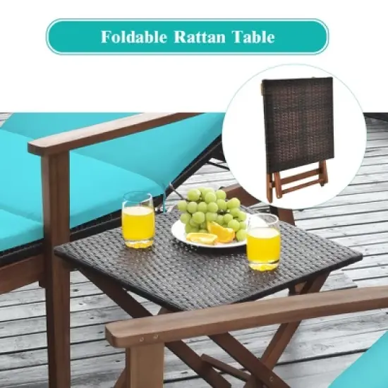 Costway 3PCS Patio Rattan Lounge Chair Folding Table Set Chaise Wood Cushioned White\Turquoise image {4}