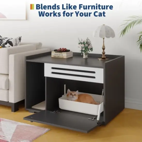 Cat Litter Box Enclosure, Hidden Litter Box Furniture, Dog Proof Hideaway Kitty Flip-down Opening Litter Box Cabinet, Indoor Wooden Cat Washroom image {2}