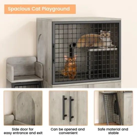 Cat Litter Box Enclosure Furniture, Hidden Double Litter Box Cabinet with Ladder image {3}