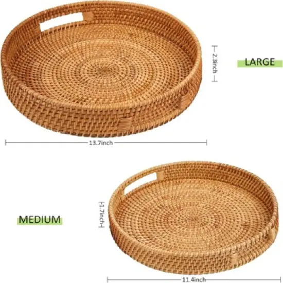 BRINJOY 2-Piece Round Woven Tray Set - Handmade Rattan Serving Trays with Handles (14.17" + 11.9") image {1}