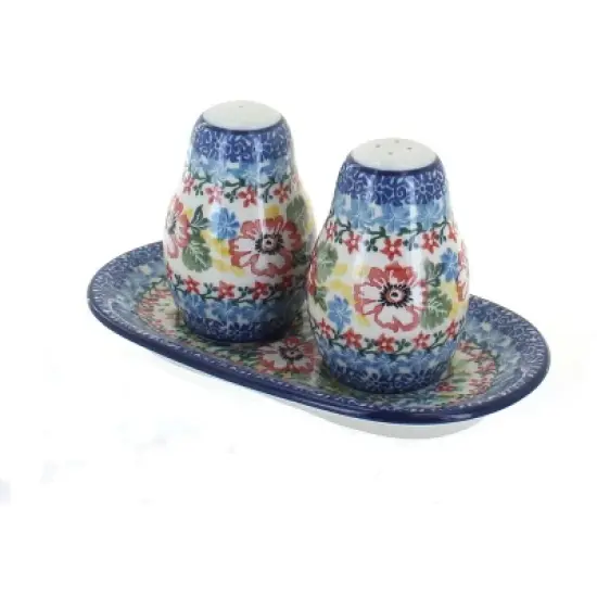 Blue Rose Polish Pottery 131 Ceramika Artystyczna Salt & Pepper Shakers with Tray image {1}