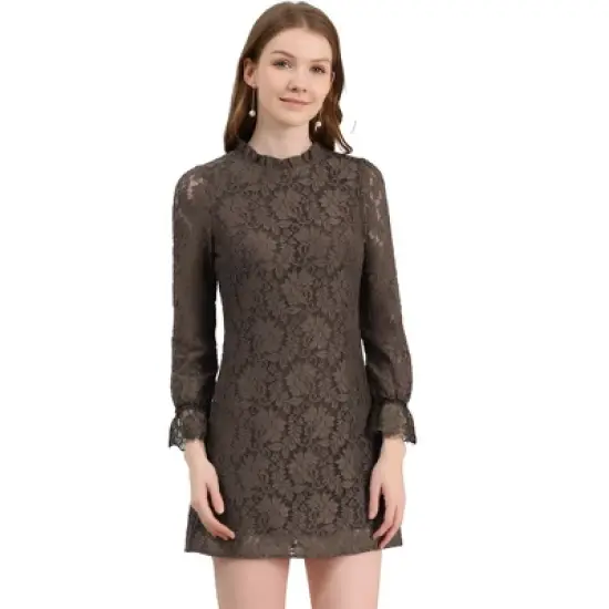 Allegra K Women's Ruffle Crew Neck Formal Elegant Mini Floral Lace Dress image {14}