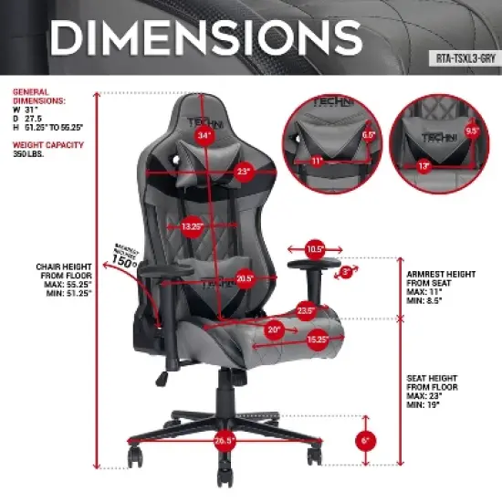 Kumasinova XL Ergonomics Gaming Chair 360&deg;Swivel Office Chairs with Head&Lumbar Pillow,90-150&deg;Recliner Chair for Office&Home,350lbs Max, Gray image {2}