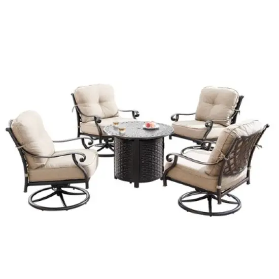 Oakland Living 5pc Aluminum Outdoor Patio Fire Pit Set with 34"  Round Propane Fire Table & Swivel Rocking Chairs Copper image {1}