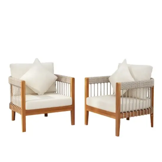 Set of 2 Outdoor Lounge Chairs with Acacia Wood and Handwoven Rope,Water Resistant Cushions for Patio,Porch or Garden-Maison Boucle image {2}