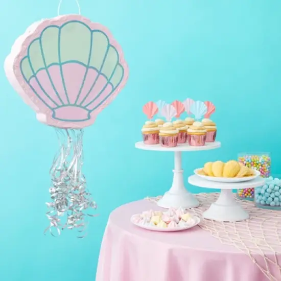 Blue Panda Small Seashell Pull String Pinata for Mermaid Birthday Party Supplies (14 x 13 x 3 In) image {1}