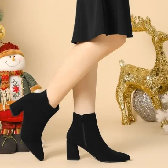 Allegra K Women's Pointy Toe Side Zip Chunky Heels Ankle Boots image {1}