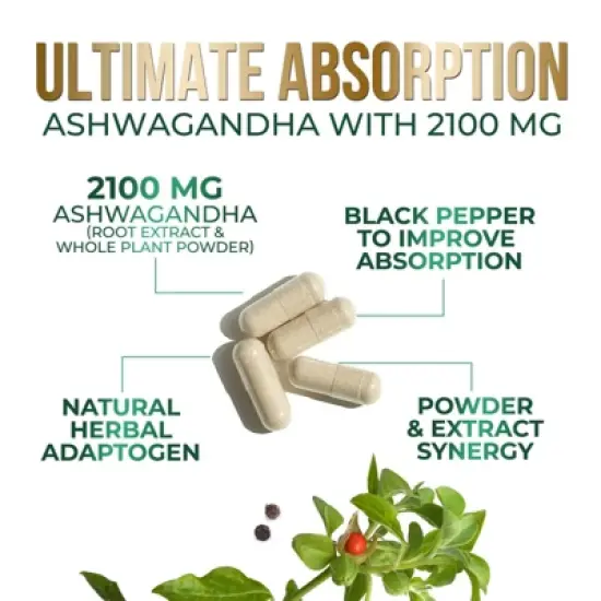 Organic Ashwagandha Capsules 2100mg Supplement w/ Black Pepper Root Powder - 60 Capsules;120 Capsules;180 Capsules image {2}