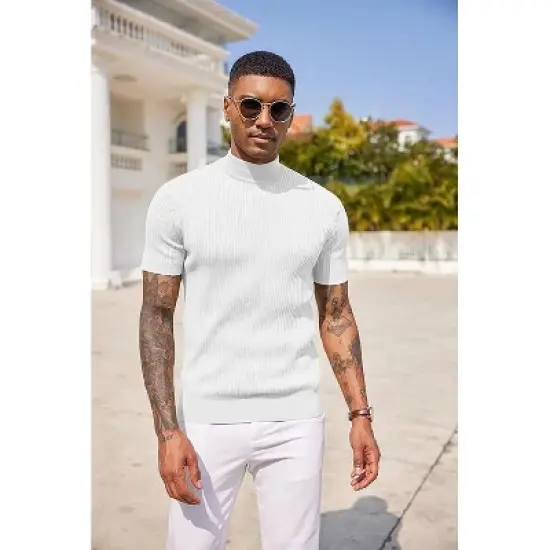 COOFANDY Men's Mock Turtleneck Sweater Short Sleeve Casual Basic Tops Ribbed Knit Pullover Solid Tee image {9}