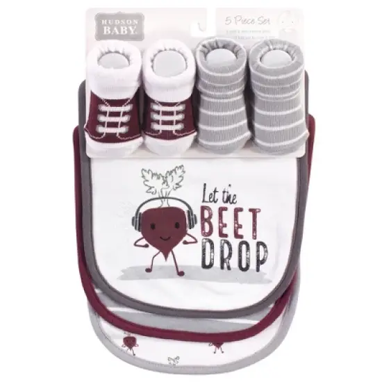 Hudson Baby Infant Boy Cotton Bib and Sock Set 5pk, Drop The Beet, One Size image {1}