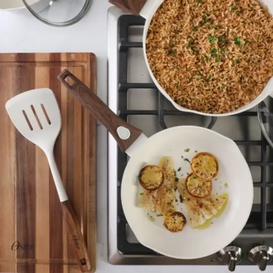 Oster SmartHandle Advance 18-Piece Ceramic Nonstick Cookware Set &ndash; Detachable Handles, with Utensils & Pan Protectors - Linen image {4}