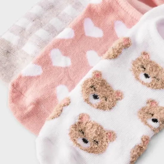 Women's Teddy Bear & Hearts 3pk Liner Socks - White/Oatmeal Heather/Pink 4-10 image {2}
