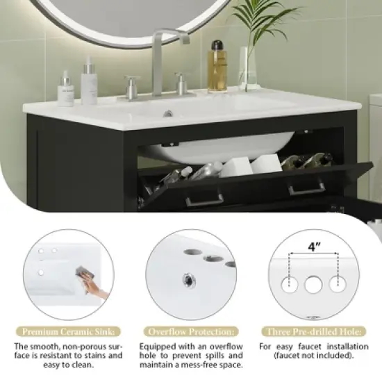 Whisen 30" Bathroom Storage Cabinet Bathroom Vanity with Ceramic Sink, Soft Close Doors, Adjustable Shelf and Flip Drawer image {5}