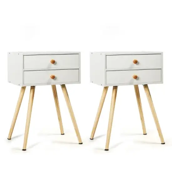 Costway 2PCS Mid Century Modern 2 Drawers Nightstand In White Sofa Side Table End Table image {9}