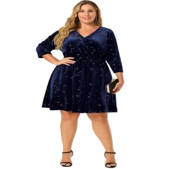 Agnes Orinda Women's Plus Size Velvet 3/4 Sleeve Elastic Waist Party Dress image {2}