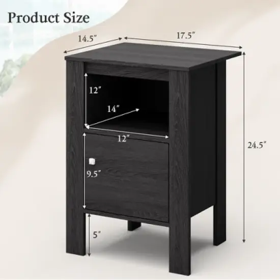 Costway Nightstand Compact Side End Sofa Table with  Open Shelf & Cabinet Dark Grey Oak/Walnut image {2}