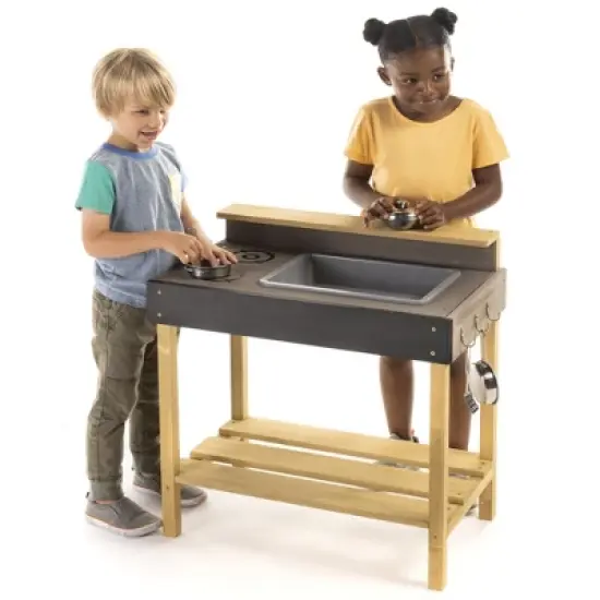 HearthSong Junior Chef's Wooden Mud Play Kitchen and Imagination Station with Metal Accessories image {1}