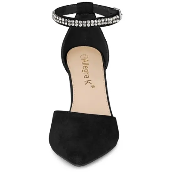 Allegra K Women's Pointed Toe Rhinestone Ankle Strap Chunky Heels Pumps image {1}