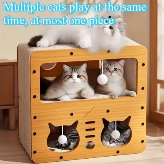 Hrinhom 17.7"W 2-Storey Wood Cat Villa with Scratching Boards+4 Toy Pendants image {2}