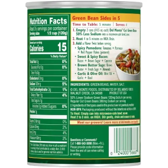 Del Monte Green Beans Low Sodium - 14.5Oz image {2}