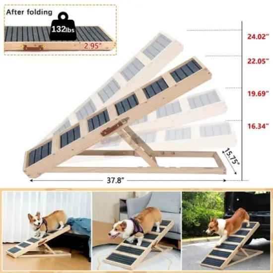 Sandinrayli Folding Portable Wooden Dog Ramp with Non-slip Carpet, 15.75-24 in. H image {3}