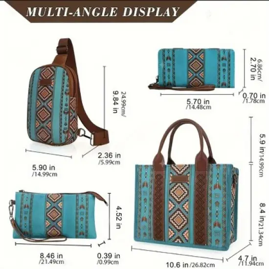 4Pcs Purse Handbag for Women,Vintage Work Shoulder Bag Lightweight,Boho Tote Bag for Daily-Green image {4}