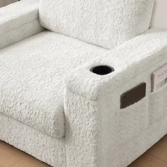 Whisen Oversized Faux Rabbit Fur Chaise Lounge with Storage Ottoman and Armrests, Upholstered Sleeper Sofa Bed with Cup Holders image {14}