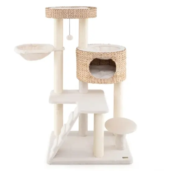 Tangkula Modern Cat Tower w/ Cattail Fluff Condo & Top Perch Sisal Scratching Posts image {9}