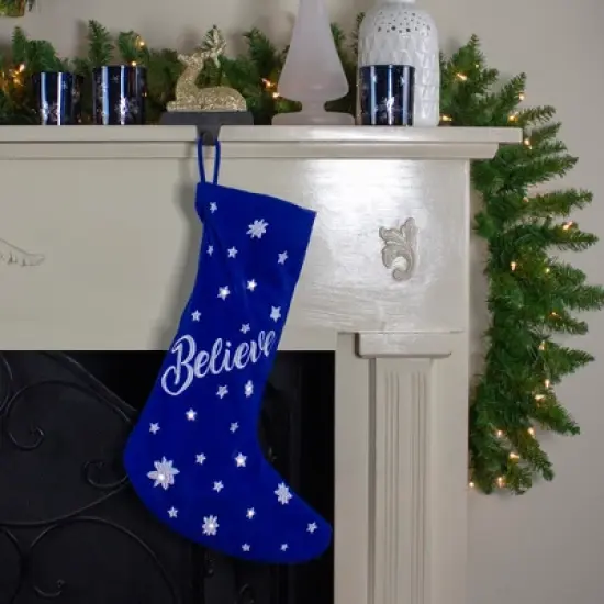 Northlight 18" LED Blue Stocking "Believe" with White Snowflakes image {1}