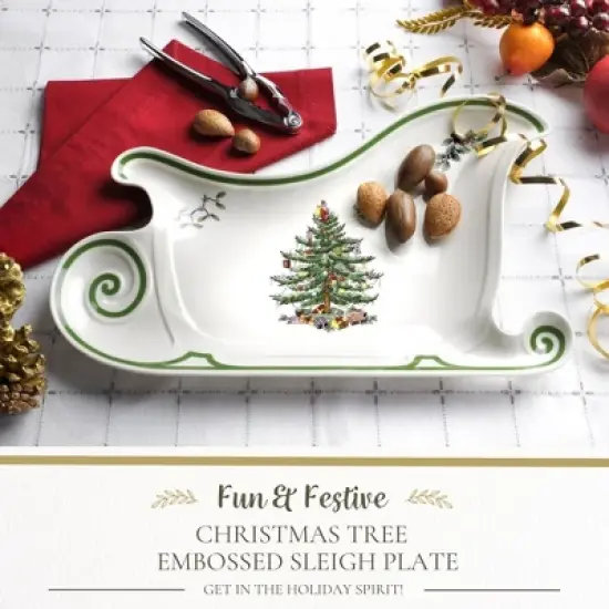 Spode Christmas Tree Embossed Sleigh Plate, 9" Serving Festive Serving Dish - Fine Porcelain Decorative Holiday Platter image {1}