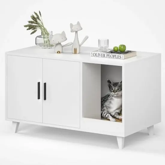 SEVOBAL Pet Crates and Houses, Modern Hidden Cat Box with Scratching Pad, for Living Room, White, 33.5"*18.5"*19.9" image {5}