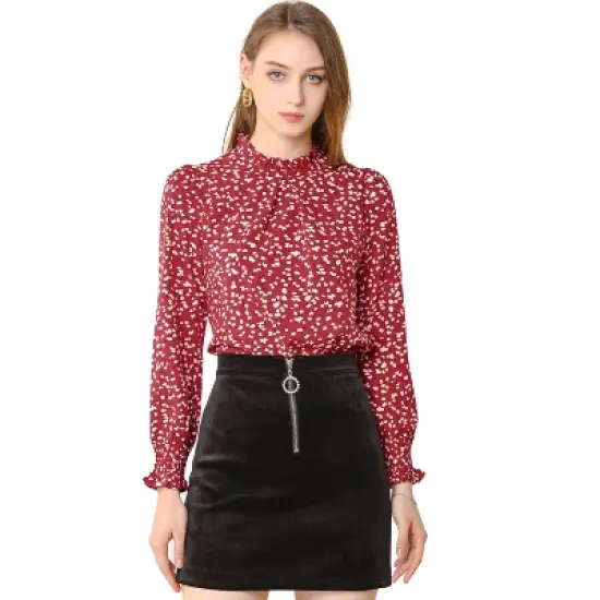 Allegra K Women's Smocked Cuffs Top Puff Sleeve Ruffled Neck Vintage Printed Blouses image {6}