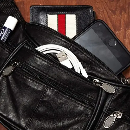 Juvale Fanny Pack, Genuine Sheep Leather Waist Bag Pouch with Multiple Pockets, for Travel Hiking Running Cycling, Black image {1}