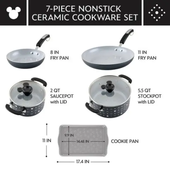 Farberware Disney Monochrome 7pc Ceramic Nonstick Cookware Set Black: Dishwasher Safe, Electric & Gas Compatible image {2}