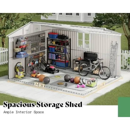 AMERLIFE 10x12x7 FT Steel Storage Shed with 2 4-Pane Windows, Hinged Double Doors, Dark Grey/White image {4}