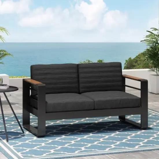 GDFStudio Neffs Outdoor Aluminum Loveseat with Cushions, Dark Gray/Natural/Black image {1}