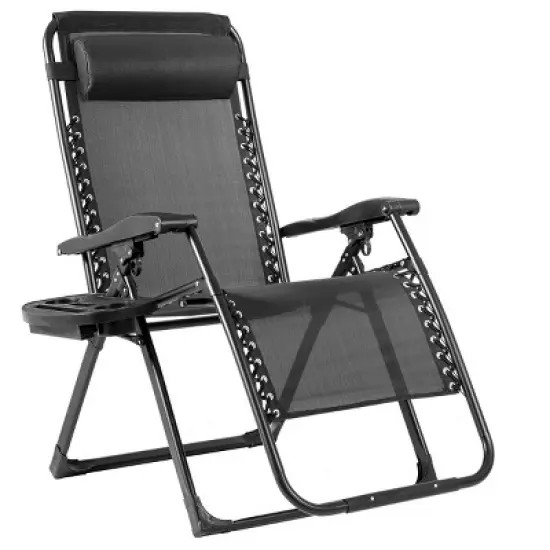 Tangkula Oversized Zero Gravity Lounge Chair Folding Recliner w/ Cup Holder & Pillow, Black image {9}