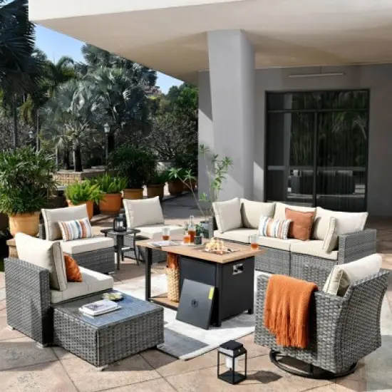 Venice 10pc Wicker Outdoor Patio Furniture Set Conversation Sofa with a Storage Fire Pit, Swivel Chair and Cushions image {15}
