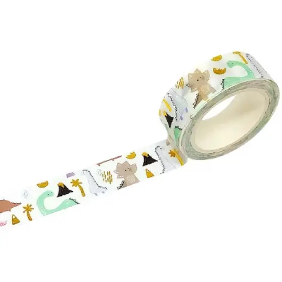 Wrapables Gold and Silver Foil Washi Masking Tape, Dinosaurs, 15mm x 5M image {1}