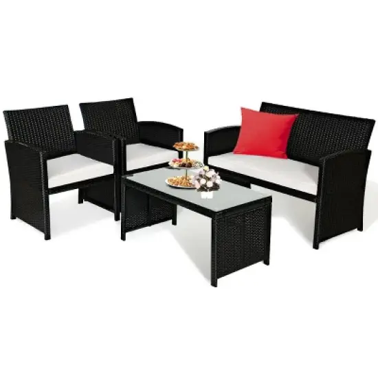 Costway 4PCS Patio Rattan Furniture Conversation Set Cushioned Sofa Coffee Table Black image {8}